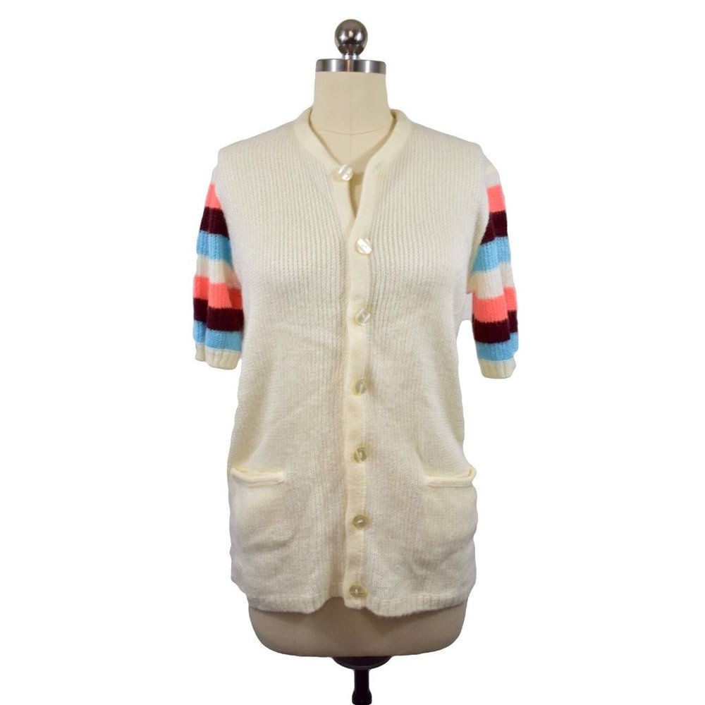 Tracy Feith Y2K Sweater Cardigan Small Ivory Short Sleeve Button DownMod Striped